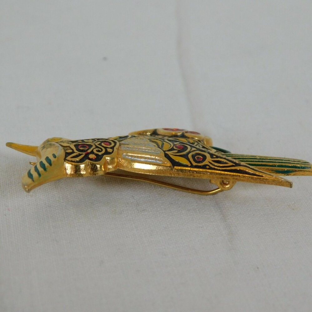 Bird Shaped Gold Tone Enamel Brooch Pin Textured Red Flower Spain 2" FLAW - Picture 5 of 8